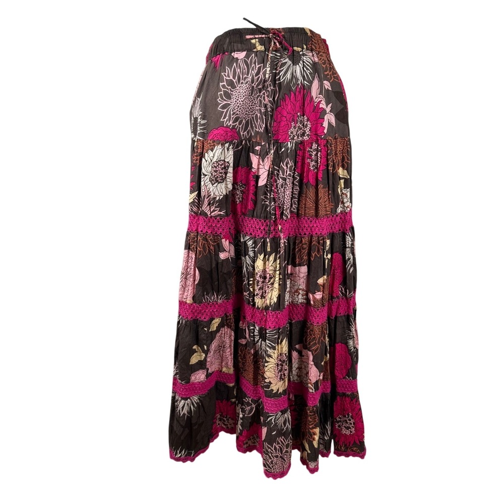 Maxi Skirt Women M Brown Floral Boho Tiered Crochet Trim Sunflower